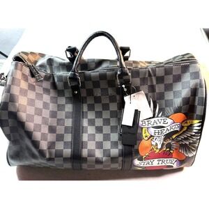 Ed Hardy Duffel Bag Brave Hearts Eagle Checkered Travel Weekender Black Gray NWT